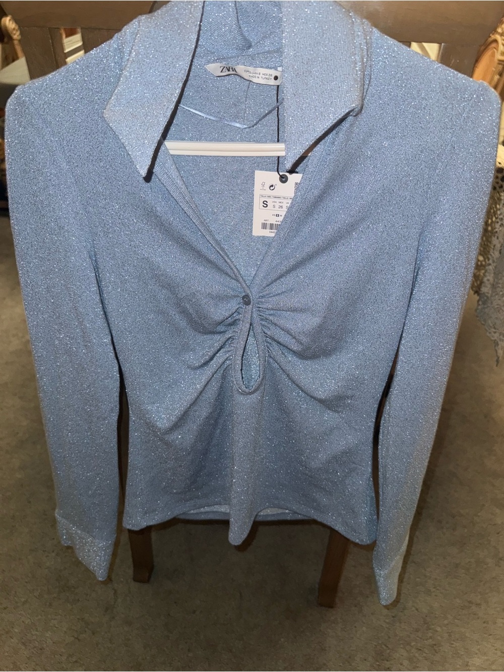 NWT Zara Blue Metallic Silver Sparkle Ruched Keyhole Top Blouse - S